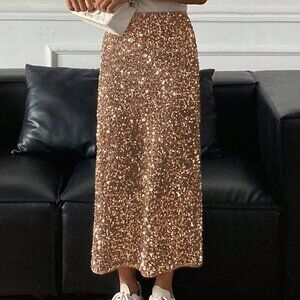 Khaki Party Women's Sequin Slit Skirt